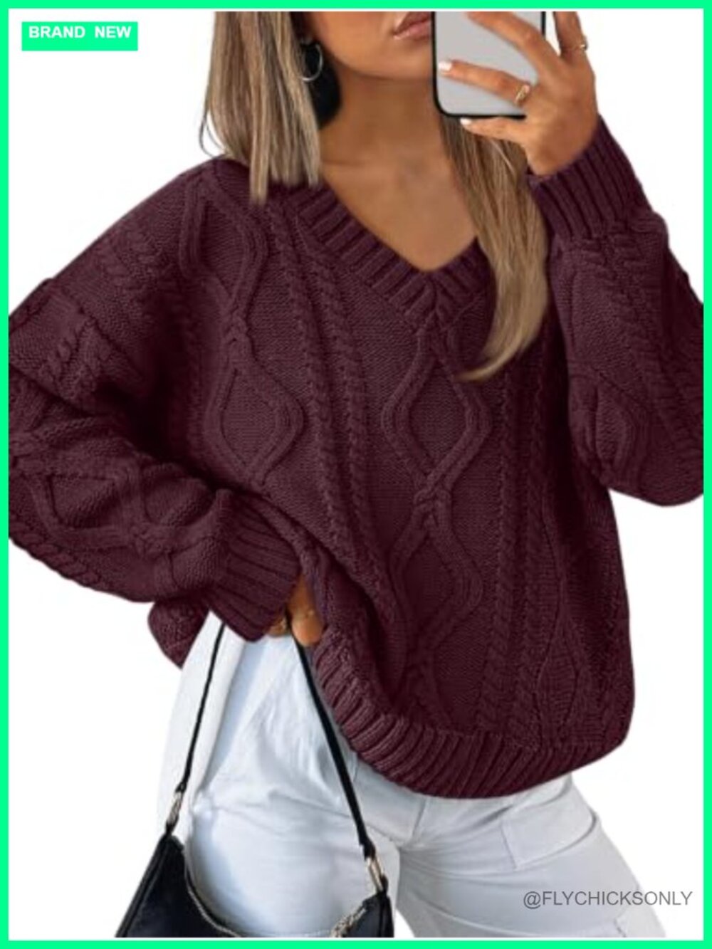 Cable Knit V Neck Oversized Pullover Sweater Cotton Acrylic Cozy Fall